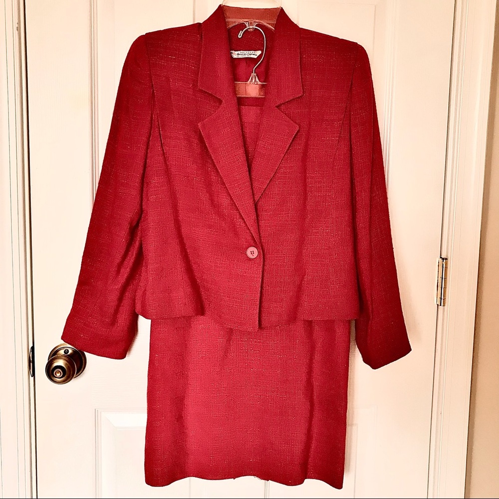 Vintage 1980s Red Suit Jacket Blazer Skirt NWOT big shoulder Lined Monochrome